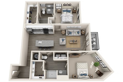 2 bed 2 bath 1177 sf 3D floor plan at 1010 Dilworth Apartments, North Carolina, 28204